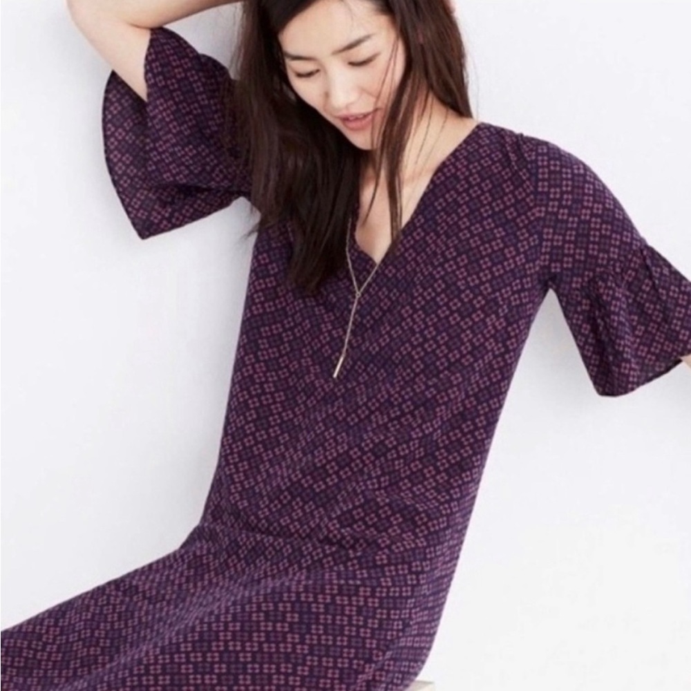 Madewell Silk Bell Sleeve V-Neck Painted Clover Mini Shift Dress Size 4
